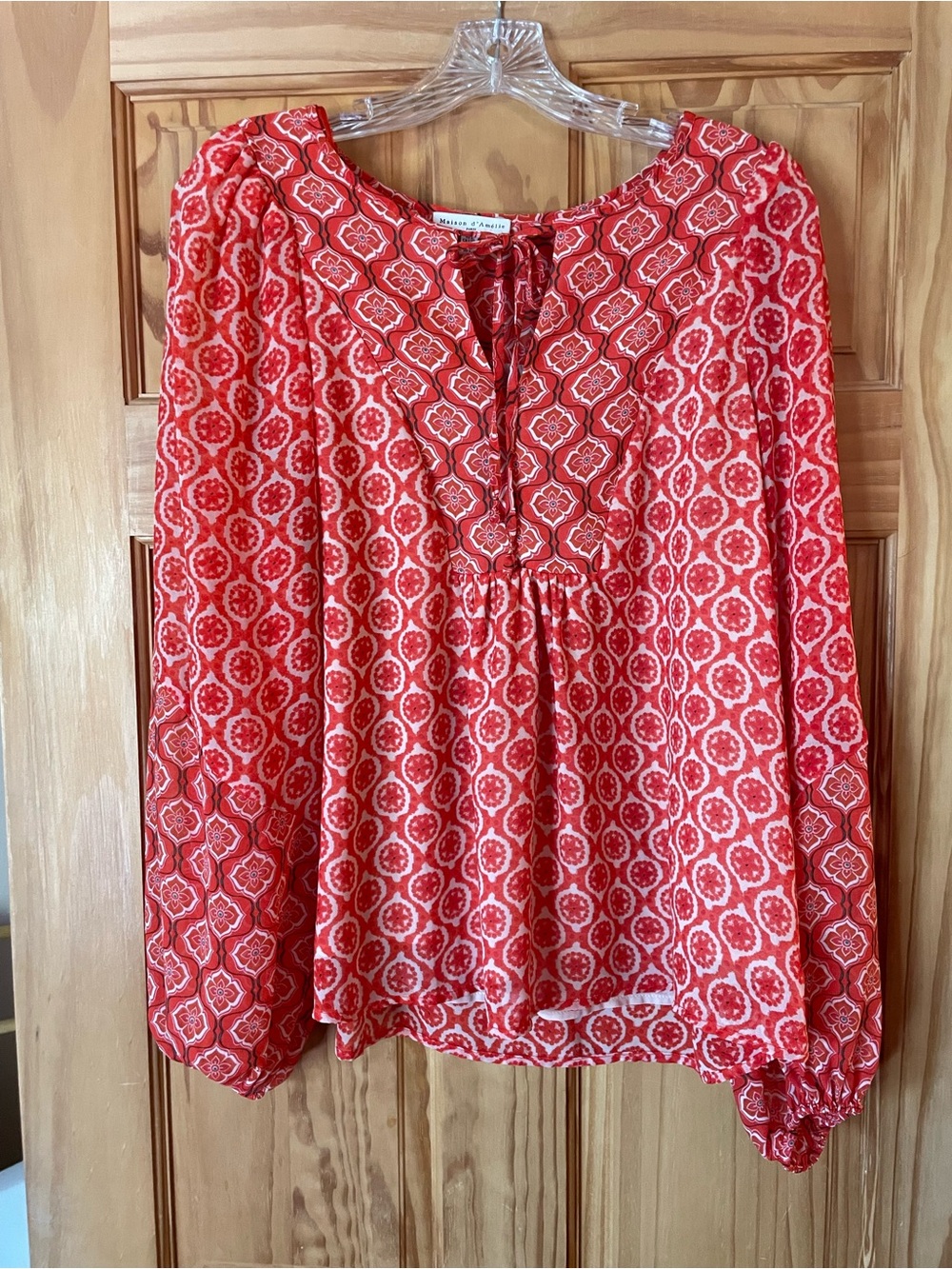 Bright Red Printed Tie-Neck Blouse by Lynne & Livia